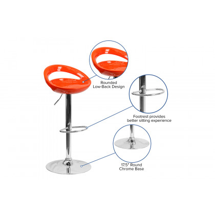 BLNK Dash Plastic Adjustable Height Bar Stool with Rounded Cutout Back and Chrome Base - Orange