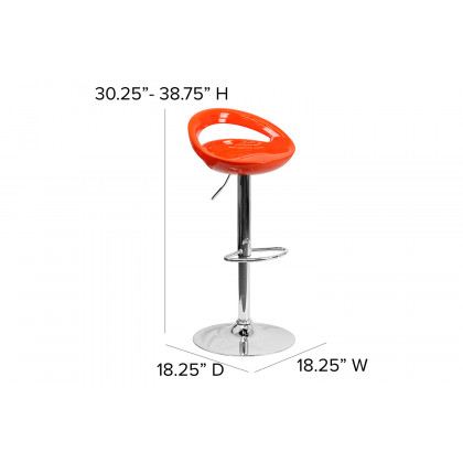 BLNK Dash Plastic Adjustable Height Bar Stool with Rounded Cutout Back and Chrome Base - Orange