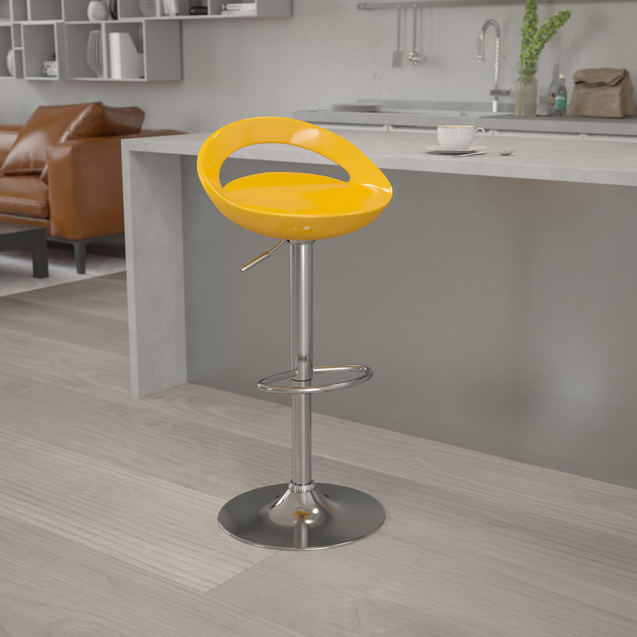 BLNK Dash Plastic Adjustable Height Bar Stool with Rounded Cutout Back and Chrome Base - Yellow