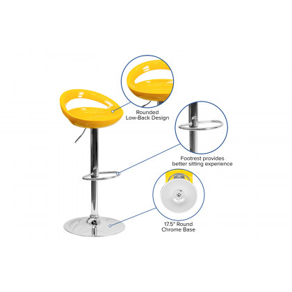 BLNK Dash Plastic Adjustable Height Bar Stool with Rounded Cutout Back and Chrome Base - Yellow