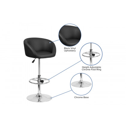 BLNK Luis Vinyl Adjustable Height Bar Stool with Barrel Back and Chrome Base - Black