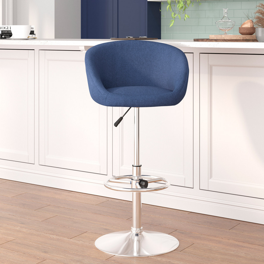BLNK Luis Fabric Adjustable Height Bar Stool with Barrel Back and Chrome Base - Blue
