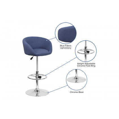 BLNK Luis Fabric Adjustable Height Bar Stool with Barrel Back and Chrome Base - Blue