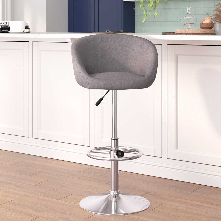 BLNK Luis Fabric Adjustable Height Bar Stool with Barrel Back and Chrome Base - Gray