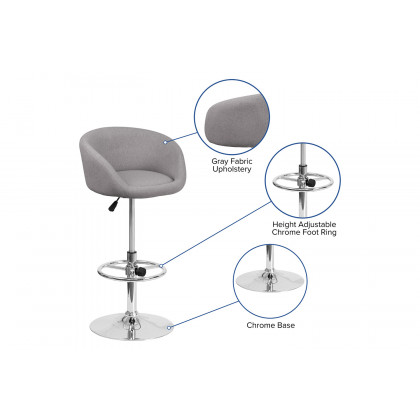 BLNK Luis Fabric Adjustable Height Bar Stool with Barrel Back and Chrome Base - Gray