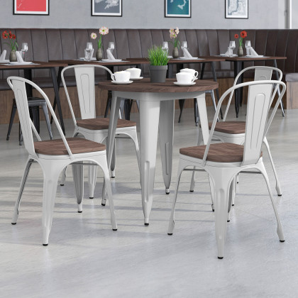 BLNK - Bailey Round Metal Table Set with Wood Top and 4 Stack Chairs