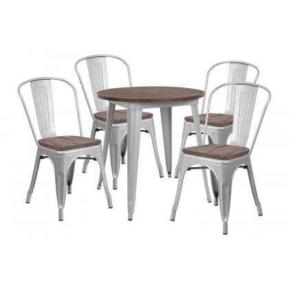 BLNK Bailey Round Metal Table Set with Wood Top and 4 Stack Chairs - Silver