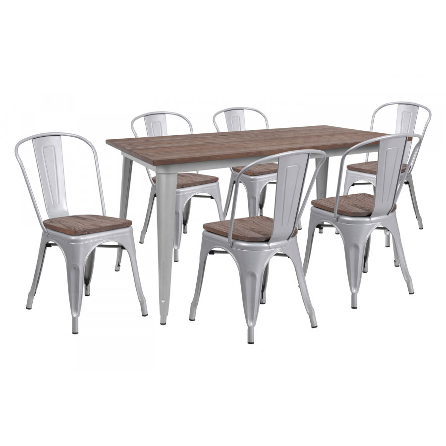 BLNK - Bailey Metal Table Set with Wood Top and 6 Stack Chairs