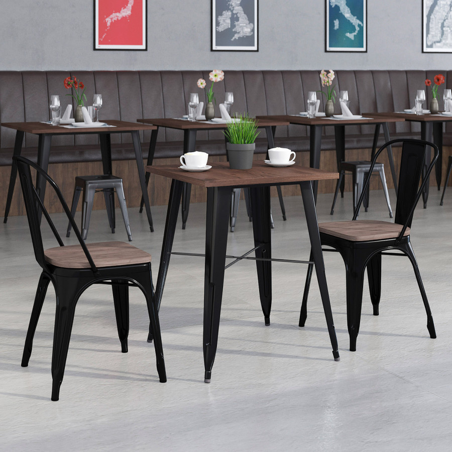 BLNK Bailey Square Metal Table Set with Wood Top and 2 Stack Chairs - Black