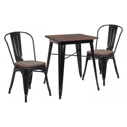 BLNK - Bailey Square Metal Table Set with Wood Top and 2 Stack Chairs