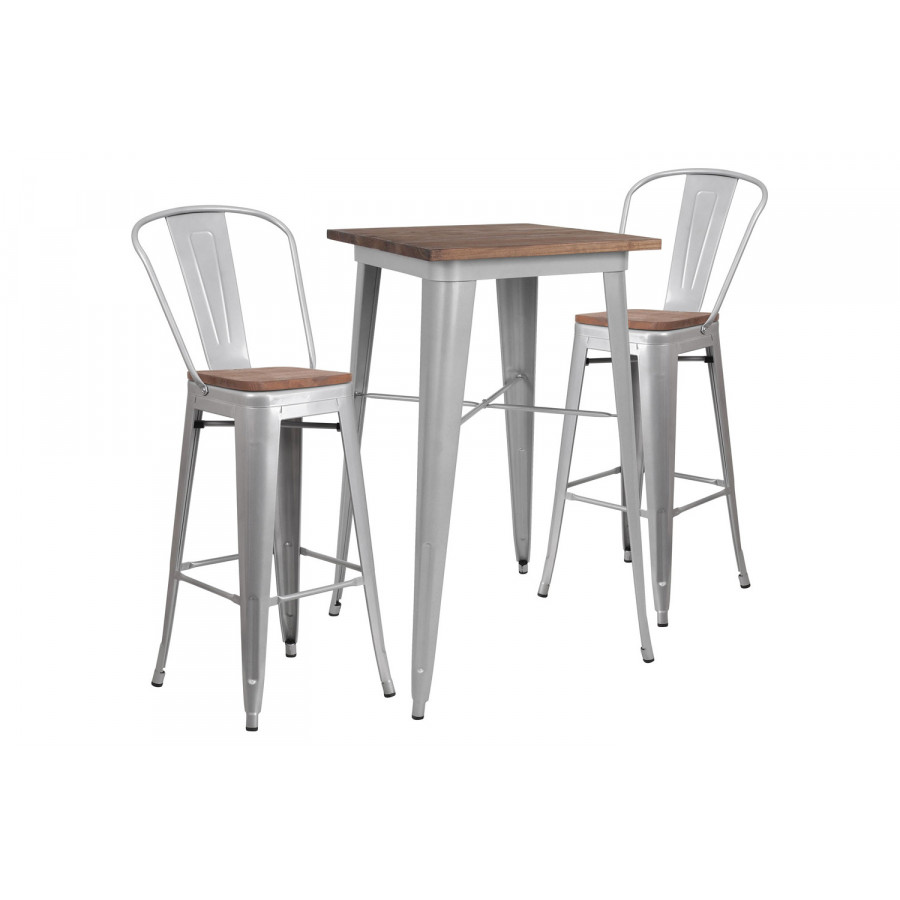 BLNK Bailey Square Metal Bar Table Set with Wood Top and 2 Stools - Silver
