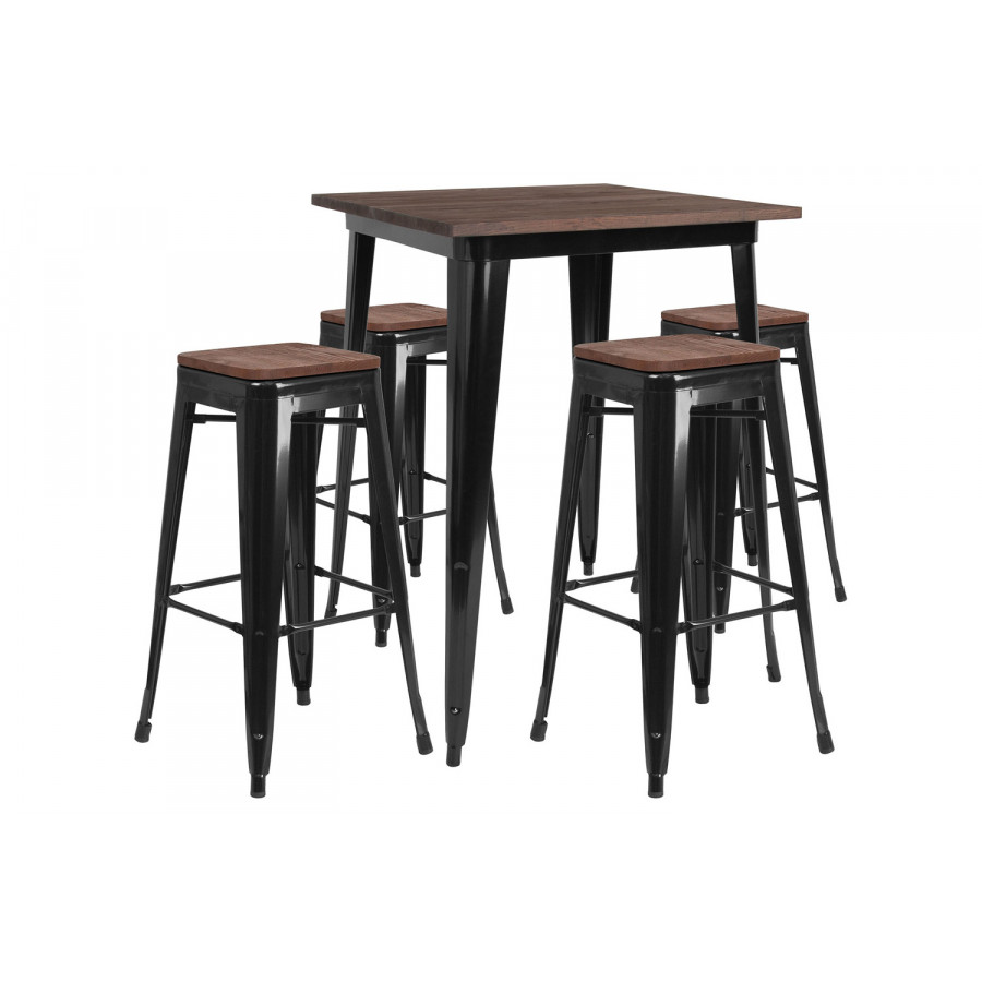 BLNK Bailey Square Metal Bar Table Set with Wood Top and 4 Backless Stools - Black