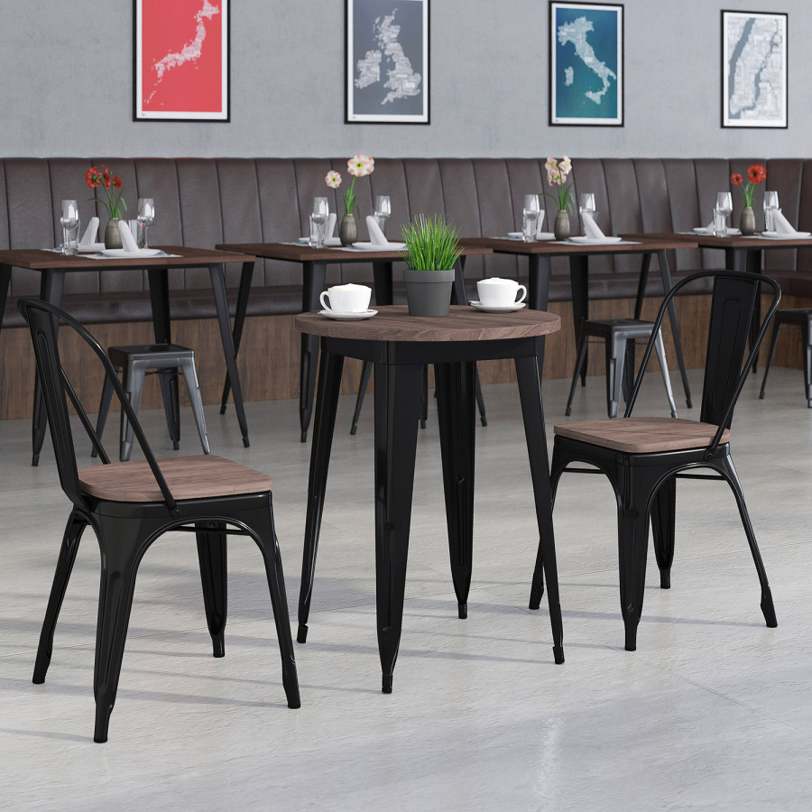 BLNK - Bailey Round Metal Table Set with Wood Top and 2 Stack Chairs
