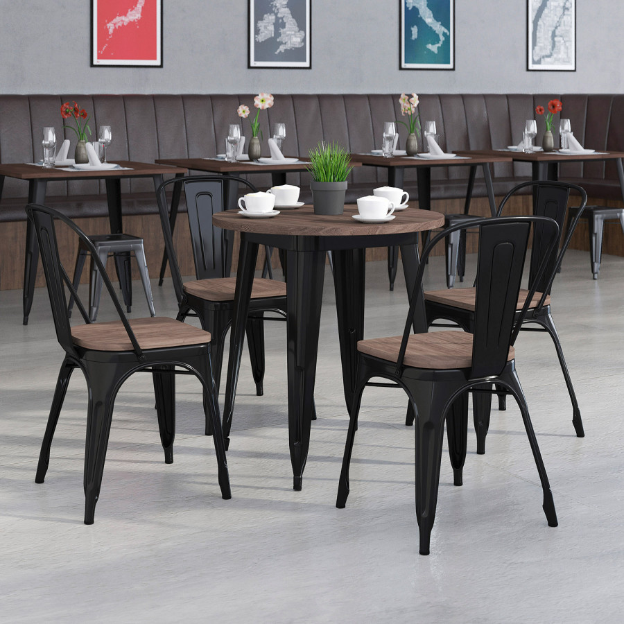 BLNK - Bailey Round Metal Table Set with Wood Top and 4 Stack Chairs