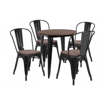 BLNK - Bailey Round Metal Table Set with Wood Top and 4 Stack Chairs