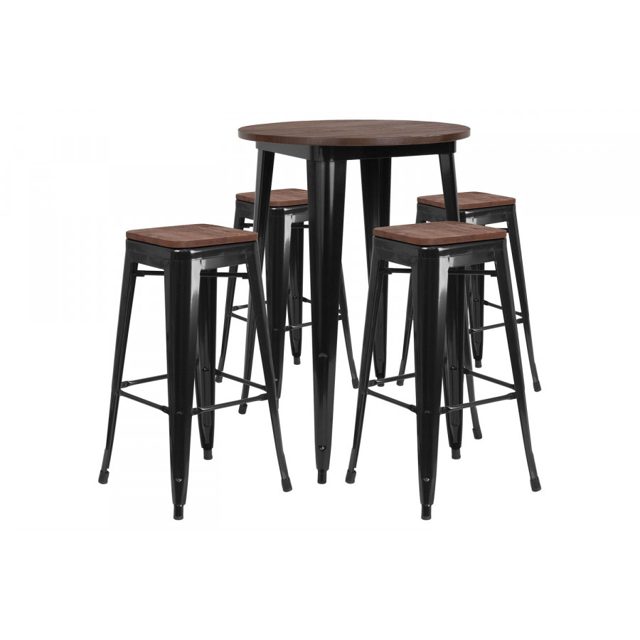 BLNK Bailey Round Metal Bar Table Set with Wood Top and 4 Backless Stools - Black