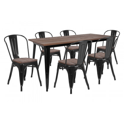 BLNK - Bailey Metal Table Set with Wood Top and 6 Stack Chairs