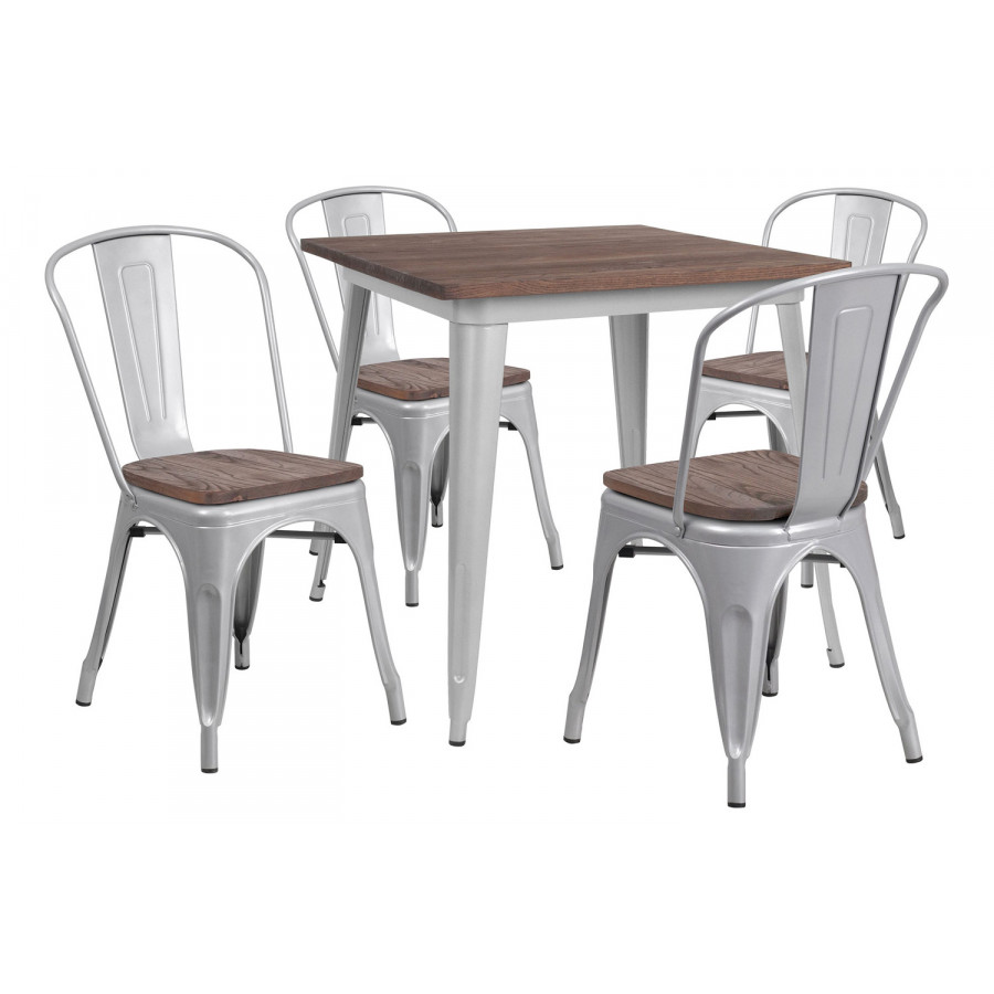 BLNK Bailey Square Metal Table Set with Wood Top and 4 Stack Chairs - Silver