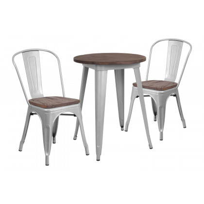 BLNK Bailey Round Metal Table Set with Wood Top and 2 Stack Chairs - Silver