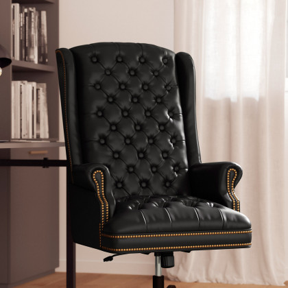 BLNK Turner LeatherSoft High-Back Traditional Fully Tufted Executive Swivel Ergonomic Office Chair with Arms - Black