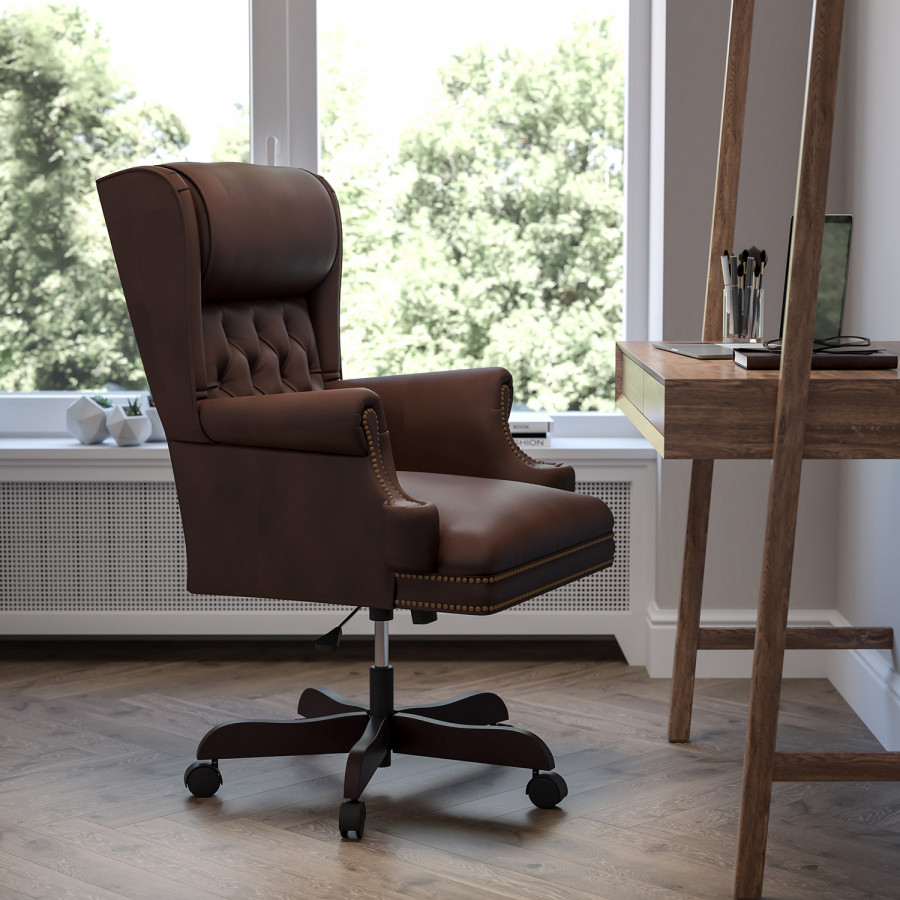 BLNK Ainslie LeatherSoft High-Back Traditional Tufted Executive Ergonomic Office Chair with Oversized Headrest and Nail Trim Arms - Brown