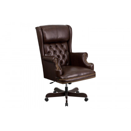 BLNK Ainslie LeatherSoft High-Back Traditional Tufted Executive Ergonomic Office Chair with Oversized Headrest and Nail Trim Arms - Brown