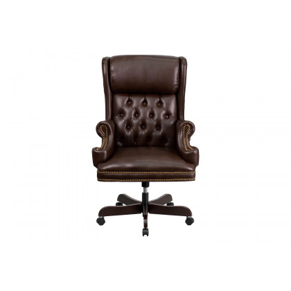 BLNK Ainslie LeatherSoft High-Back Traditional Tufted Executive Ergonomic Office Chair with Oversized Headrest and Nail Trim Arms - Brown