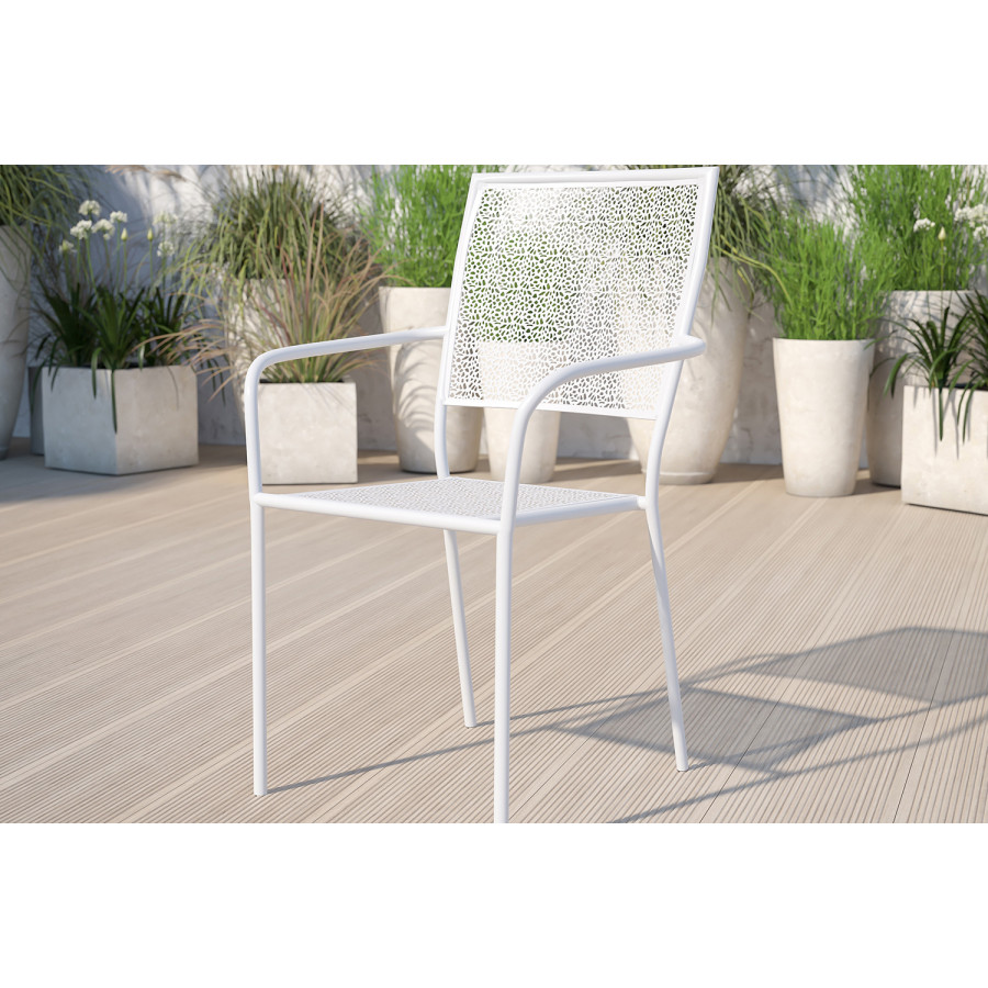 BLNK Oia Commercial Steel Indoor-Outdoor Patio Arm Chair with Square Back - White