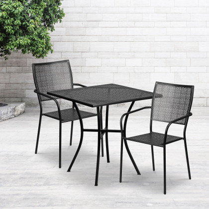 BLNK - Oia Commercial Square Steel Indoor-Outdoor Patio Table Set with 2 Square Back Chairs