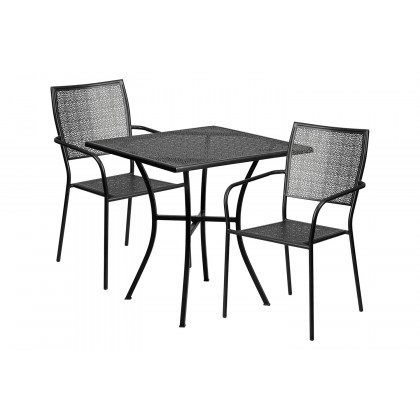 BLNK Oia Commercial Square Steel Indoor-Outdoor Patio Table Set with 2 Square Back Chairs - Black, 28"W