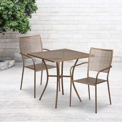BLNK - Oia Commercial Square Steel Indoor-Outdoor Patio Table Set with 2 Square Back Chairs