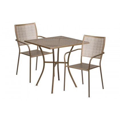 BLNK Oia Commercial Square Steel Indoor-Outdoor Patio Table Set with 2 Square Back Chairs - Gold, 28"W