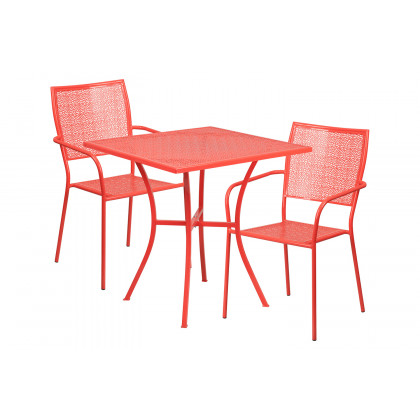 BLNK Oia Commercial Square Steel Indoor-Outdoor Patio Table Set with 2 Square Back Chairs - Coral, 28"W