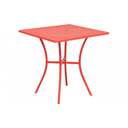 BLNK Oia Commercial Square Steel Indoor-Outdoor Patio Table Set with 2 Square Back Chairs - Coral, 28"W
