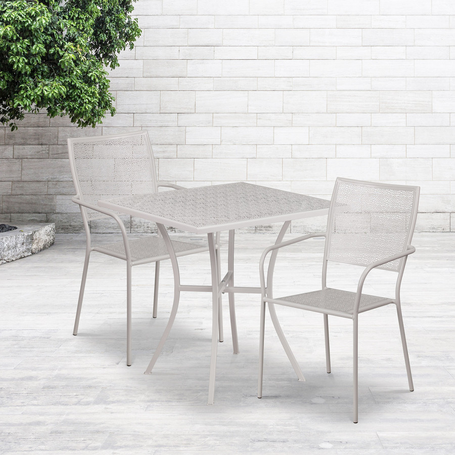 BLNK Oia Commercial Square Steel Indoor-Outdoor Patio Table Set with 2 Square Back Chairs - Light Gray, 28"W