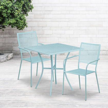 BLNK - Oia Commercial Square Steel Indoor-Outdoor Patio Table Set with 2 Square Back Chairs
