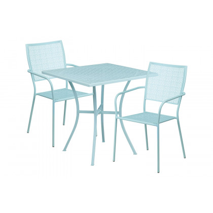 BLNK Oia Commercial Square Steel Indoor-Outdoor Patio Table Set with 2 Square Back Chairs - Sky Blue, 28"W