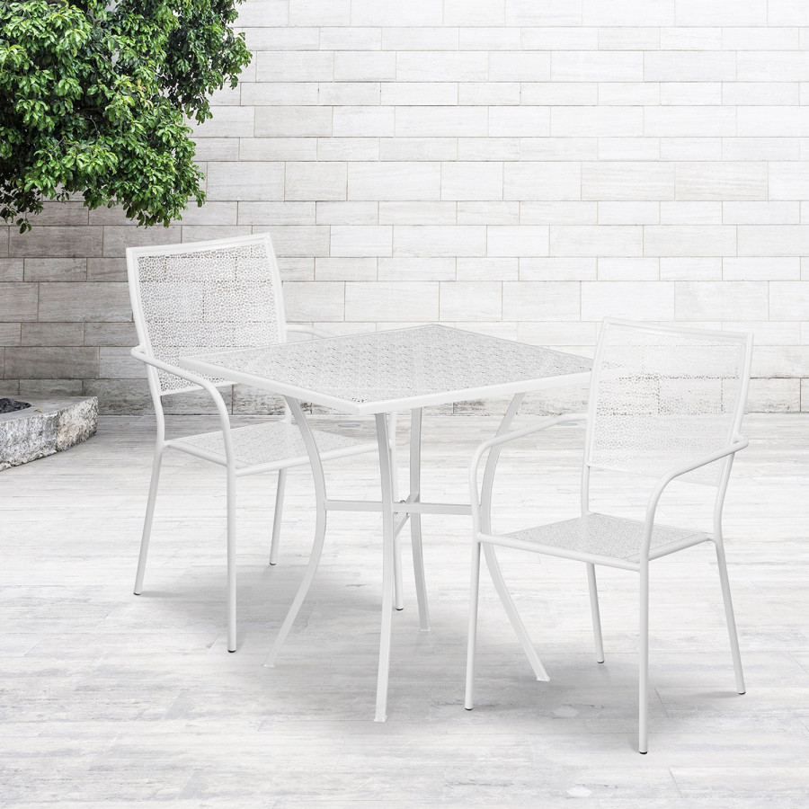 BLNK Oia Commercial Square Steel Indoor-Outdoor Patio Table Set with 2 Square Back Chairs - White, 28"W