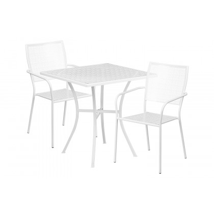 BLNK Oia Commercial Square Steel Indoor-Outdoor Patio Table Set with 2 Square Back Chairs - White, 28"W