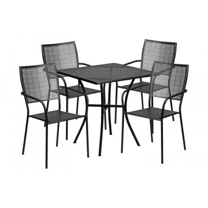 BLNK Oia Commercial Square Steel Indoor-Outdoor Patio Table Set with 4 Square Back Chairs - Black, 28"W