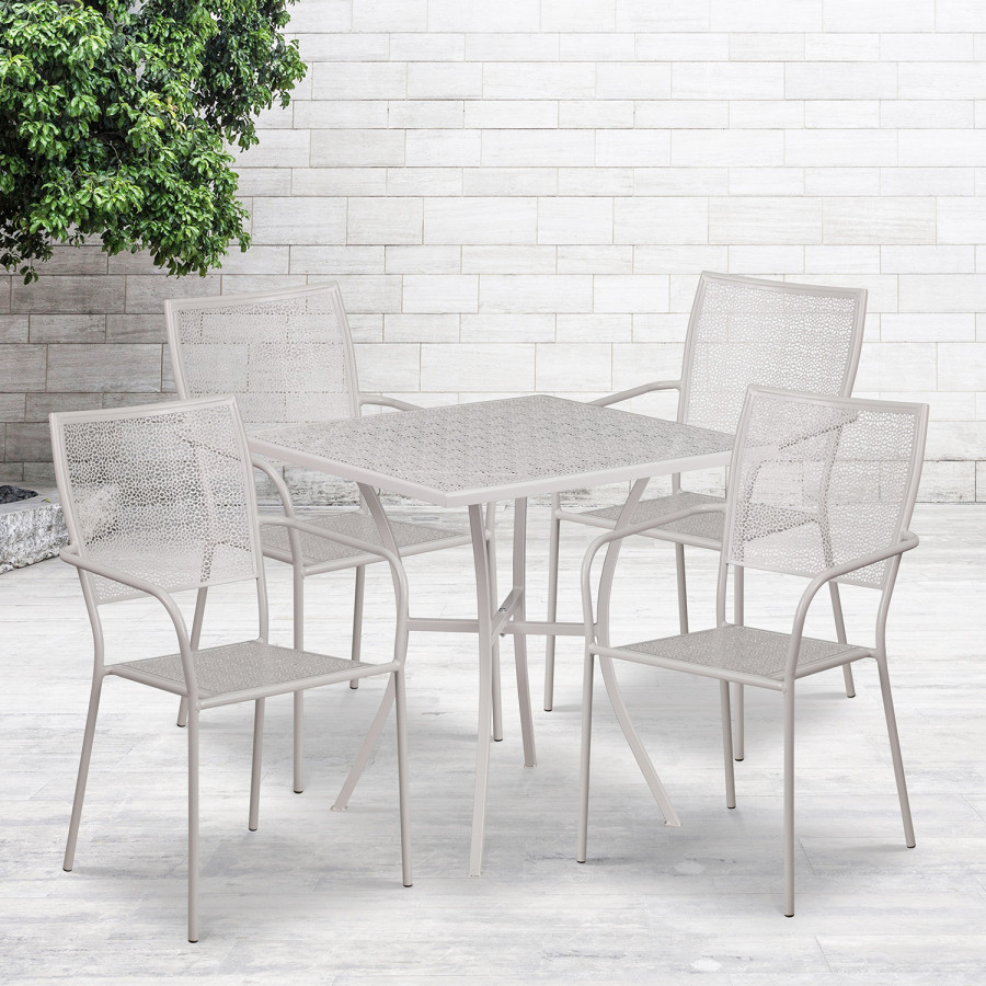 BLNK Oia Commercial Square Steel Indoor-Outdoor Patio Table Set with 4 Square Back Chairs - Light Gray, 28"W