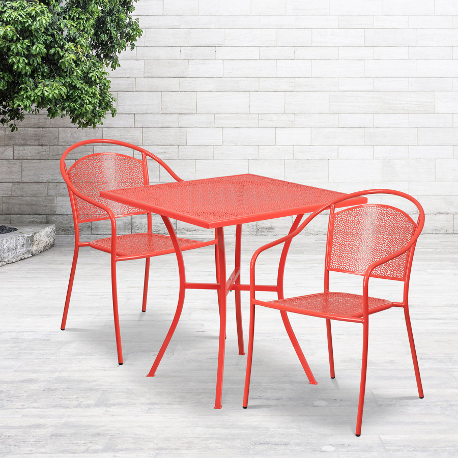 BLNK Oia Commercial Steel Indoor-Outdoor Patio Table Set with 2 Round Back Chairs - Coral, 28"W