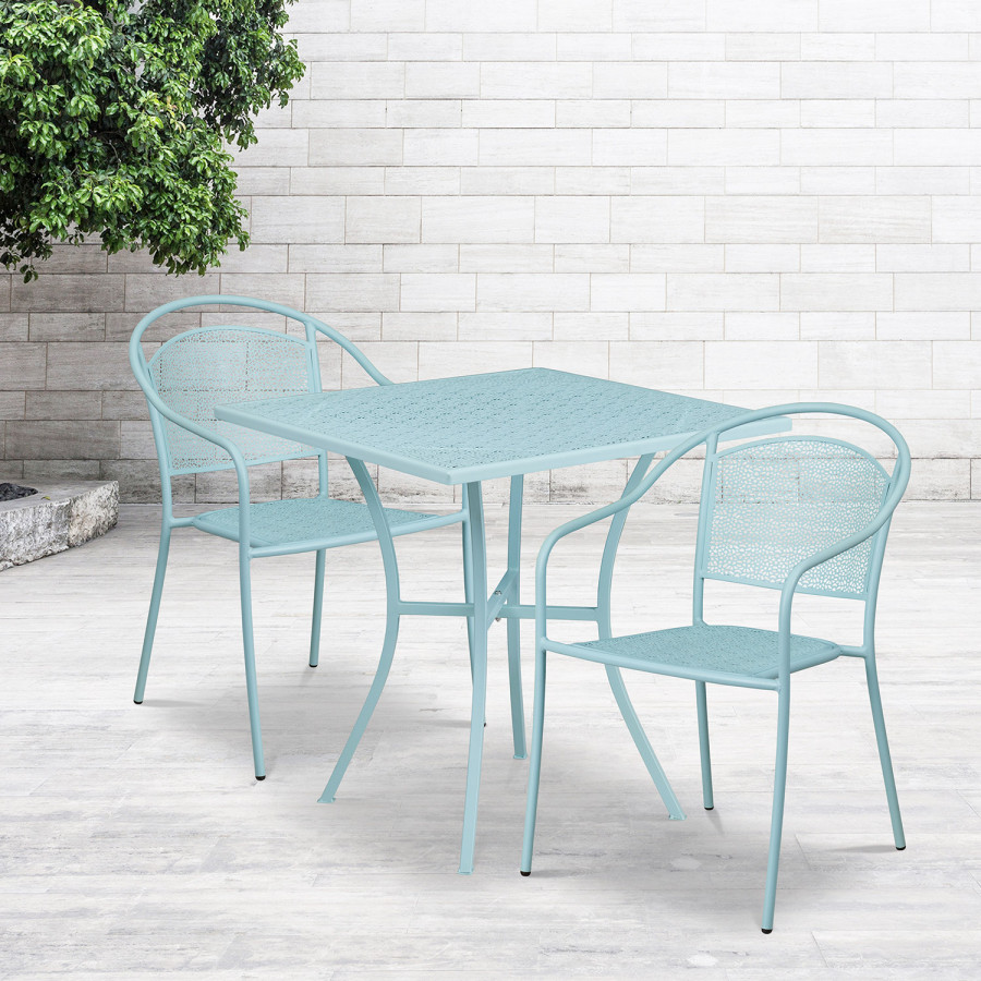 BLNK Oia Commercial Steel Indoor-Outdoor Patio Table Set with 2 Round Back Chairs - Sky Blue, 28"W