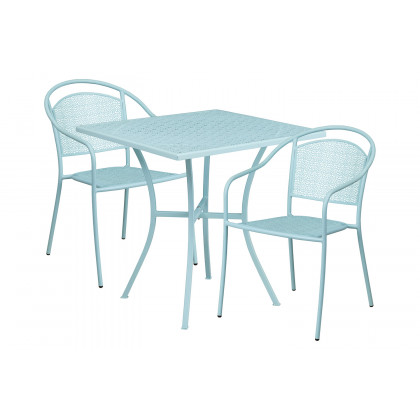 BLNK Oia Commercial Steel Indoor-Outdoor Patio Table Set with 2 Round Back Chairs - Sky Blue, 28"W