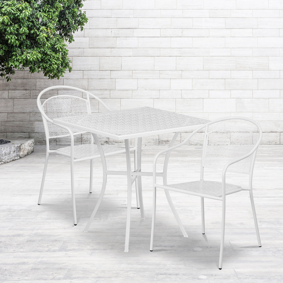 BLNK Oia Commercial Steel Indoor-Outdoor Patio Table Set with 2 Round Back Chairs - White, 28"W