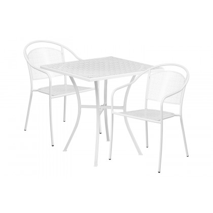 BLNK Oia Commercial Steel Indoor-Outdoor Patio Table Set with 2 Round Back Chairs - White, 28"W
