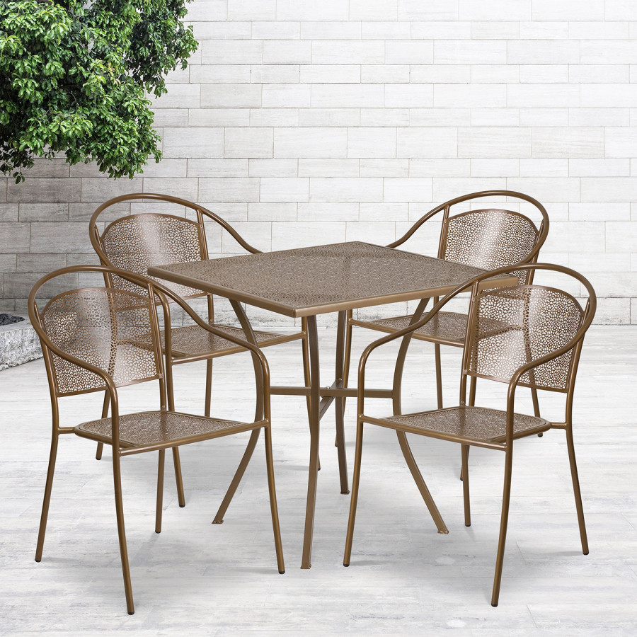 BLNK Oia Commercial Steel Indoor-Outdoor Patio Table Set with 4 Round Back Chairs - Gold, 28"W