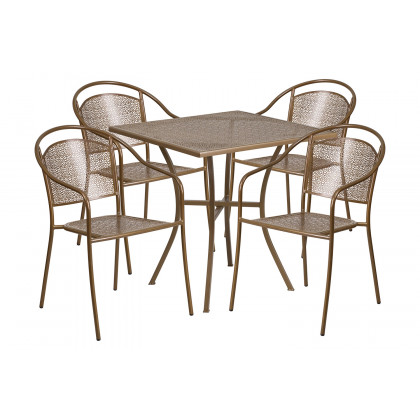 BLNK Oia Commercial Steel Indoor-Outdoor Patio Table Set with 4 Round Back Chairs - Gold, 28"W