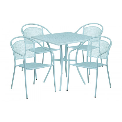 BLNK Oia Commercial Steel Indoor-Outdoor Patio Table Set with 4 Round Back Chairs - Sky Blue, 28"W