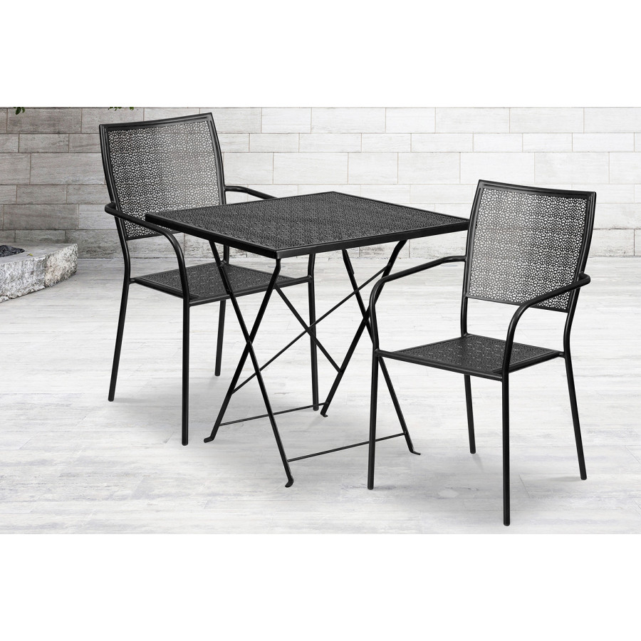 BLNK Oia Commercial Square Steel Indoor-Outdoor Folding Patio Table Set with 2 Square Back Chairs - Black, 28"W